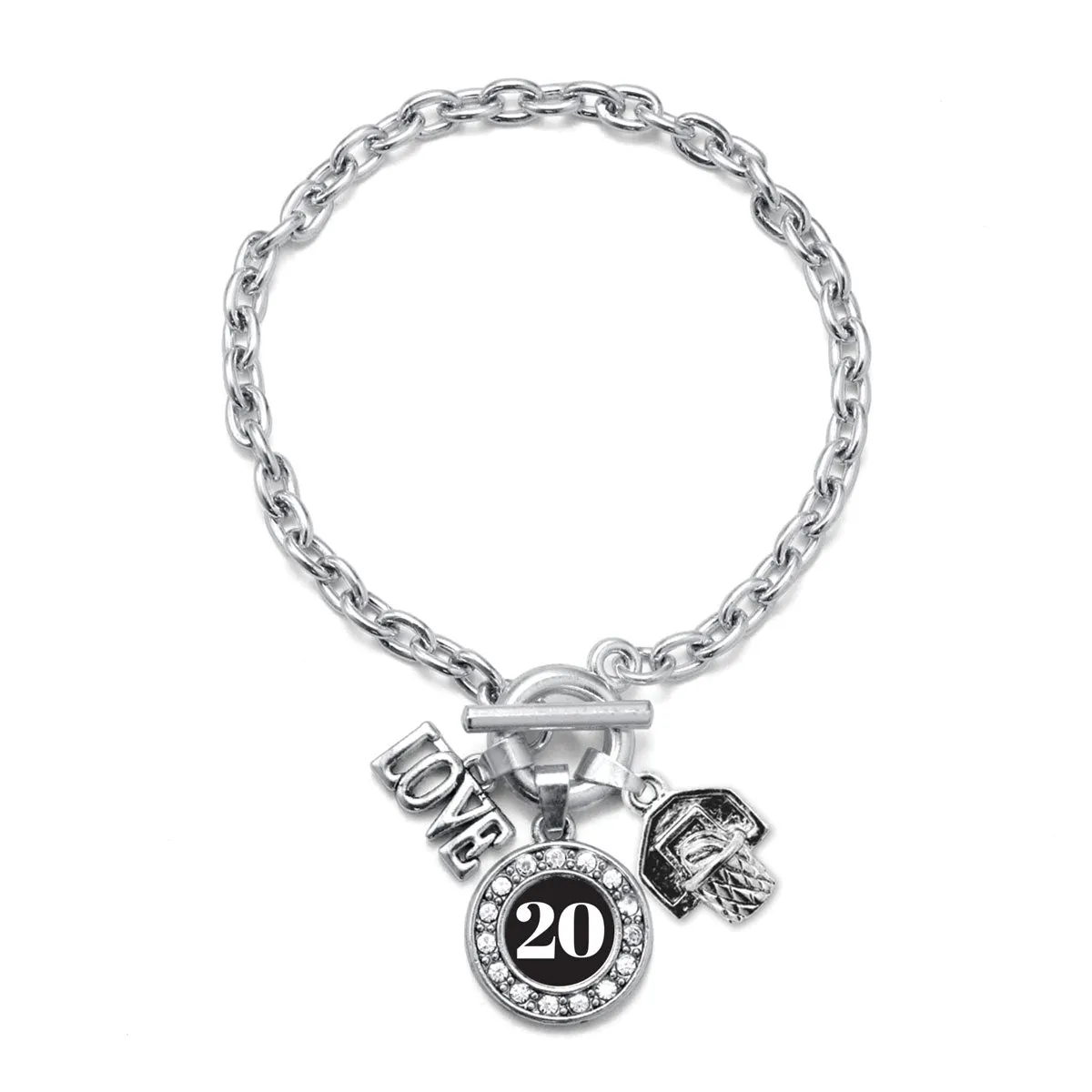Silver Basketball Hoop - Sports Number 20 Circle Charm Toggle Bracelet